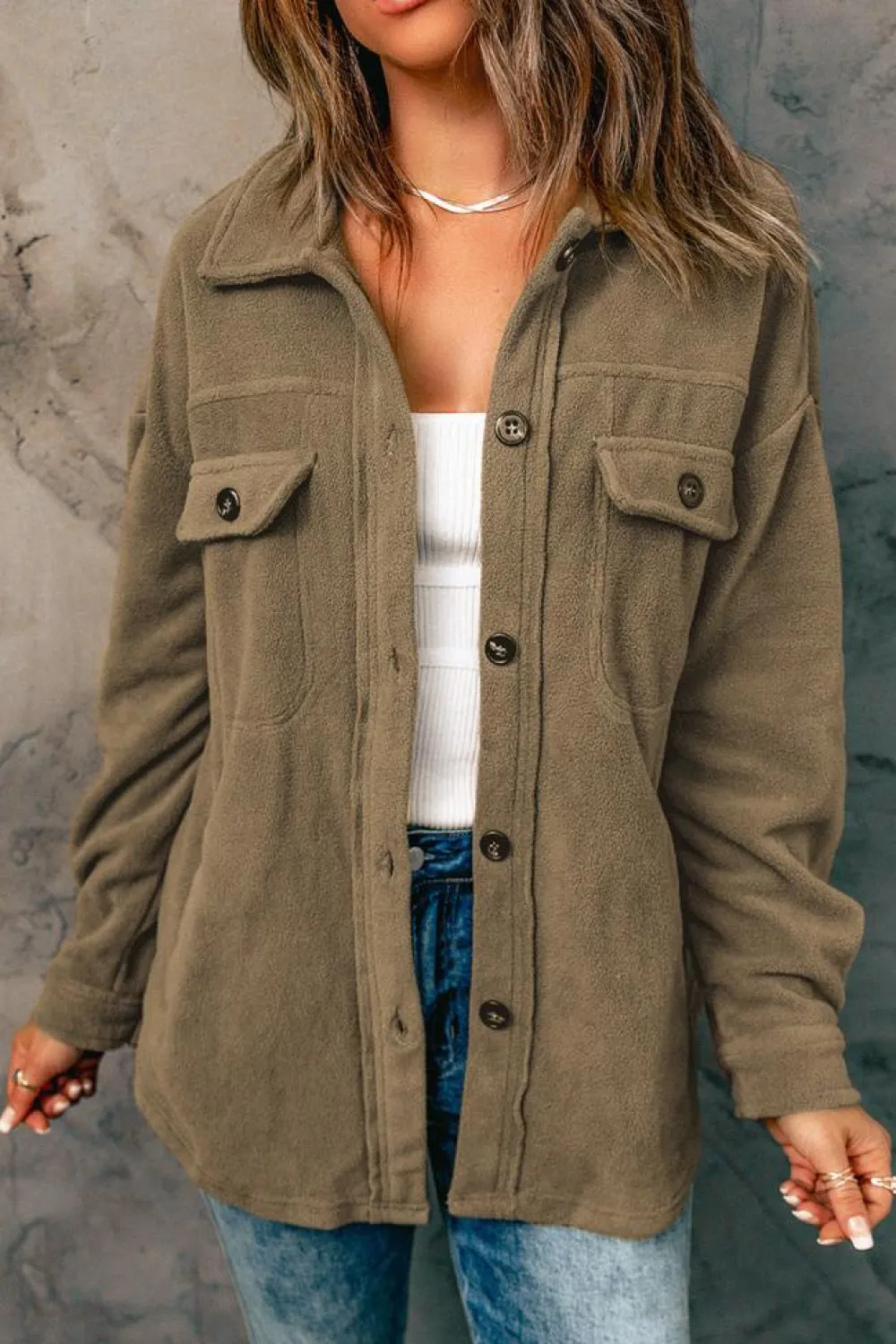 Fashion Dear-Lover Turn Down Collar Buttoned Shirt Jacket Green