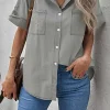 Online Dear-Lover Turn-down Collar Short Sleeve Denim Shirt Black