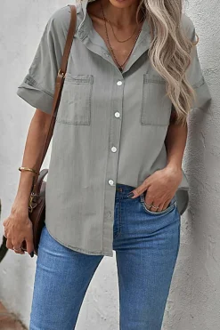 Online Dear-Lover Turn-down Collar Short Sleeve Denim Shirt Black