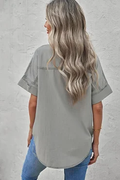 Online Dear-Lover Turn-down Collar Short Sleeve Denim Shirt Black