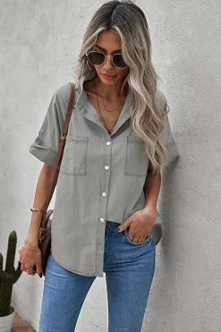 Online Dear-Lover Turn-down Collar Short Sleeve Denim Shirt Black