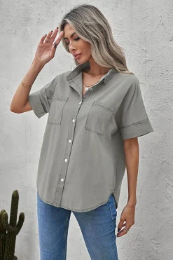 Online Dear-Lover Turn-down Collar Short Sleeve Denim Shirt Black