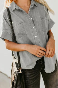 Online Dear-Lover Turn-down Collar Short Sleeve Denim Shirt Black