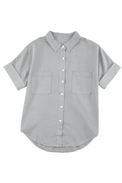 Online Dear-Lover Turn-down Collar Short Sleeve Denim Shirt Black