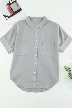 Online Dear-Lover Turn-down Collar Short Sleeve Denim Shirt Black