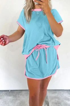 Fashion Dear-Lover Colorblock Edge Drop Shoulder T Shirt and Skort 2Pcs Set Turquoise