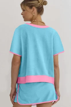 Fashion Dear-Lover Colorblock Edge Drop Shoulder T Shirt and Skort 2Pcs Set Turquoise