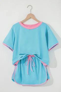 Fashion Dear-Lover Colorblock Edge Drop Shoulder T Shirt and Skort 2Pcs Set Turquoise