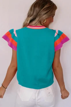 Fashion Dear-Lover Contrast Flutter Sleeves Knitted Sweater T Shirt Turquoise