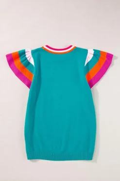 Fashion Dear-Lover Contrast Flutter Sleeves Knitted Sweater T Shirt Turquoise