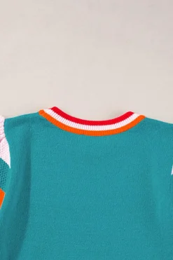 Fashion Dear-Lover Contrast Flutter Sleeves Knitted Sweater T Shirt Turquoise