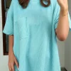 Sale Dear-Lover Corded Knit Pocketed Loose Fit T Shirt Turquoise