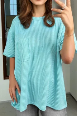 Sale Dear-Lover Corded Knit Pocketed Loose Fit T Shirt Turquoise