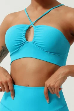 Clearance Dear-Lover Crossed Spaghetti Straps Ruched Keyhole Sports Bra Turquoise