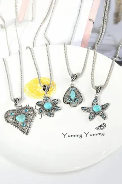 Best Dear-Lover Decor Flower Pendant Alloy Necklace Turquoise