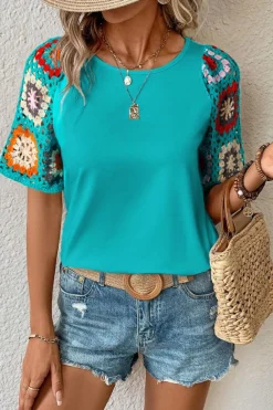 Hot Dear-Lover Floral Crochet Short Sleeve Top Turquoise