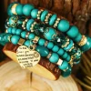 Fashion Dear-Lover Heart Shape Pendant Multi Layered Beaded Bracelet Set Turquoise