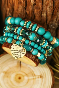 Fashion Dear-Lover Heart Shape Pendant Multi Layered Beaded Bracelet Set Turquoise