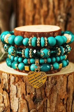 Fashion Dear-Lover Heart Shape Pendant Multi Layered Beaded Bracelet Set Turquoise