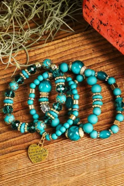 Fashion Dear-Lover Heart Shape Pendant Multi Layered Beaded Bracelet Set Turquoise