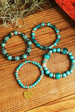 Fashion Dear-Lover Heart Shape Pendant Multi Layered Beaded Bracelet Set Turquoise