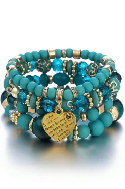 Fashion Dear-Lover Heart Shape Pendant Multi Layered Beaded Bracelet Set Turquoise