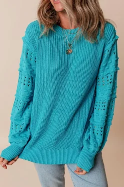 Outlet Dear-Lover Ruffled Eyelet Bubble Sleeve Sweater Turquoise