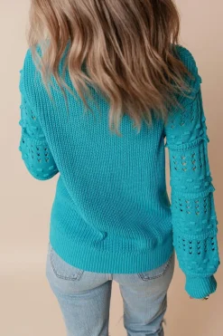 Outlet Dear-Lover Ruffled Eyelet Bubble Sleeve Sweater Turquoise