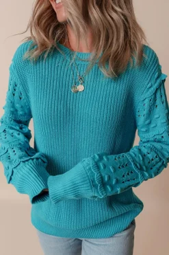 Outlet Dear-Lover Ruffled Eyelet Bubble Sleeve Sweater Turquoise
