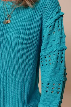 Outlet Dear-Lover Ruffled Eyelet Bubble Sleeve Sweater Turquoise