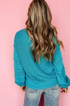 Outlet Dear-Lover Ruffled Eyelet Bubble Sleeve Sweater Turquoise