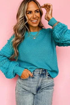 Outlet Dear-Lover Ruffled Eyelet Bubble Sleeve Sweater Turquoise