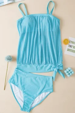 Outlet Dear-Lover Striped Mesh Knotted Hem Tankini Swimsuit Turquoise