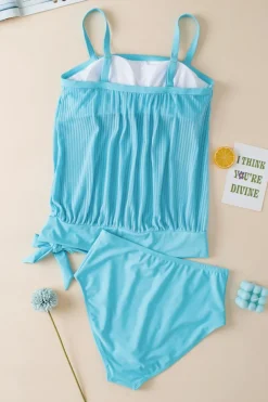 Outlet Dear-Lover Striped Mesh Knotted Hem Tankini Swimsuit Turquoise