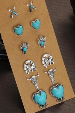 Best Dear-Lover Vintage Western Pattern Stud Earrings Turquoise