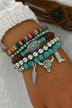 Best Dear-Lover Western Pattern Beaded Multi Layer Bracelet Set Turquoise