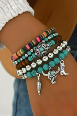 Best Dear-Lover Western Pattern Beaded Multi Layer Bracelet Set Turquoise