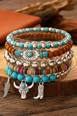 Best Dear-Lover Western Pattern Beaded Multi Layer Bracelet Set Turquoise