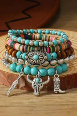 Best Dear-Lover Western Pattern Beaded Multi Layer Bracelet Set Turquoise