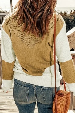 Fashion Dear-Lover Two-Tone Chevron Pullover Sweater Brown