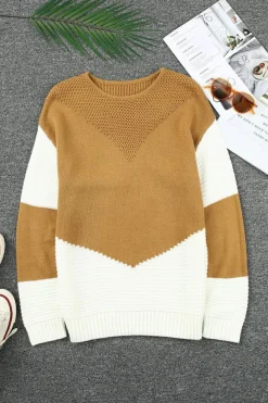 Fashion Dear-Lover Two-Tone Chevron Pullover Sweater Brown
