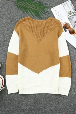 Fashion Dear-Lover Two-Tone Chevron Pullover Sweater Brown