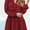 Sale Dear-Lover V Neck Long Sleeve Ruffle Tiered Mini Dress Fiery Red