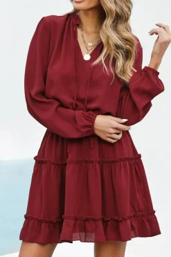Sale Dear-Lover V Neck Long Sleeve Ruffle Tiered Mini Dress Fiery Red