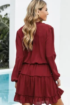 Sale Dear-Lover V Neck Long Sleeve Ruffle Tiered Mini Dress Fiery Red