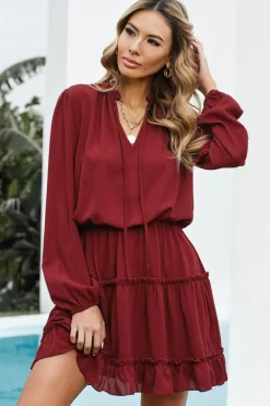 Sale Dear-Lover V Neck Long Sleeve Ruffle Tiered Mini Dress Fiery Red