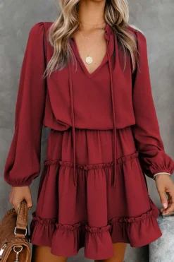 Sale Dear-Lover V Neck Long Sleeve Ruffle Tiered Mini Dress Fiery Red
