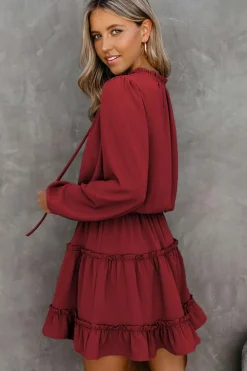 Sale Dear-Lover V Neck Long Sleeve Ruffle Tiered Mini Dress Fiery Red