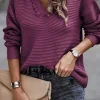 Fashion Dear-Lover V Neck Ribbed Drop Shoulder Hooded Sweater Fiery Red