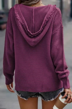Fashion Dear-Lover V Neck Ribbed Drop Shoulder Hooded Sweater Fiery Red
